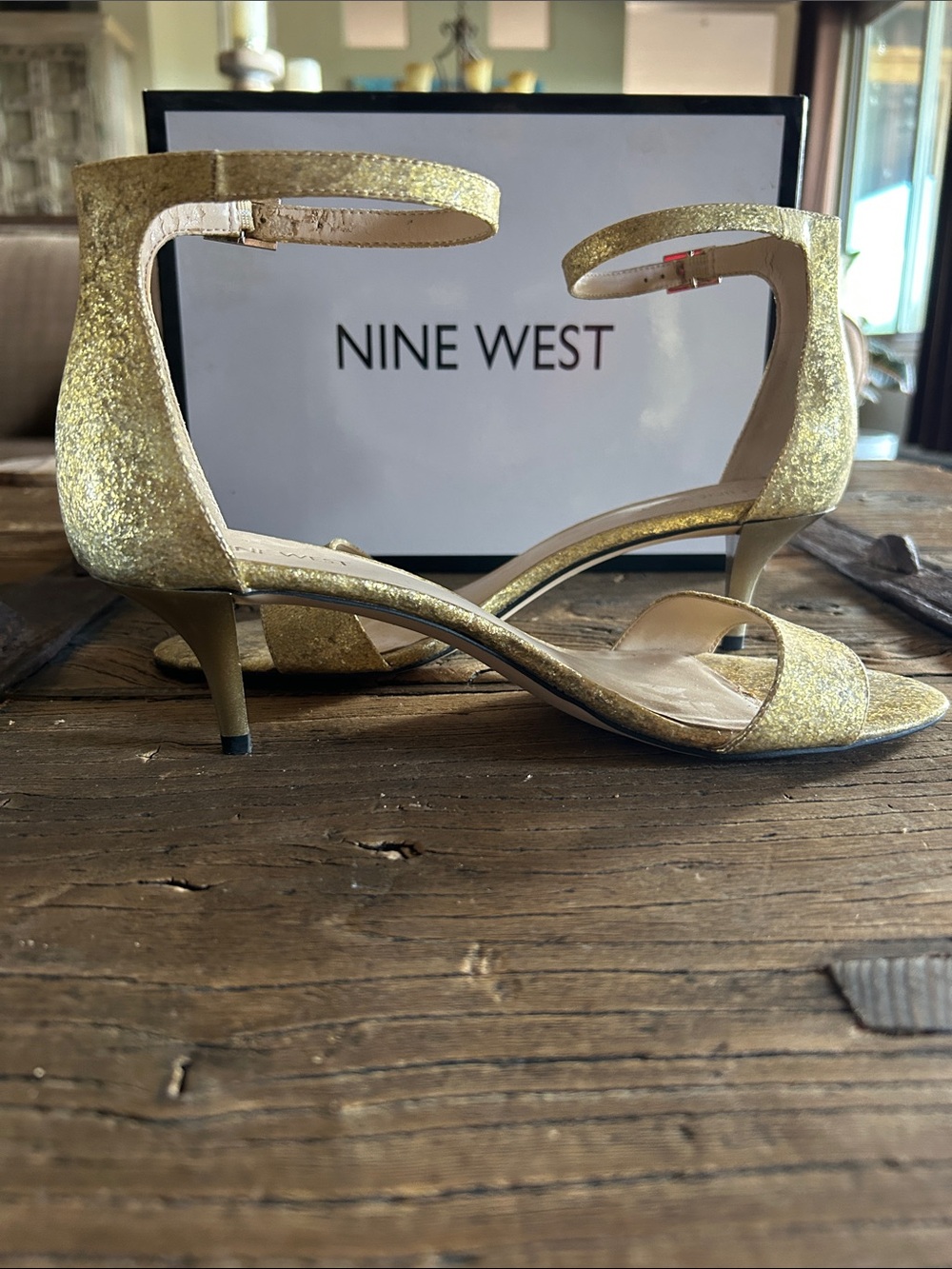 Nine West Glitter Gold Ankle Strap Kitten Heels - Picture 3 of 10